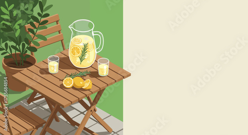 Pitcher with lemonade on wooden table with fresh lemons and plants  