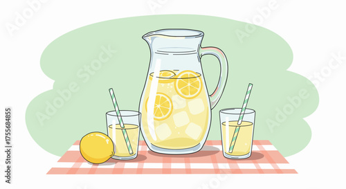 Pitcher with lemonade and two glasses on checkered tablecloth  