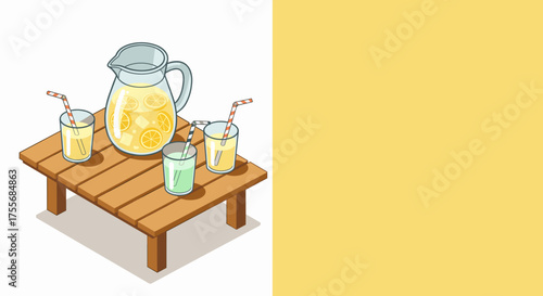 Pitcher with lemonade and drinks on wooden table with yellow background  