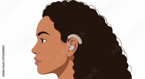 Woman with hearing aid in profile view showcasing curly hair  