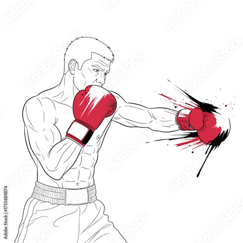 A dynamic sketch of a boxer delivering a powerful punch, with red boxing gloves and a burst of impact effect, isolated on white background a striking image of strength