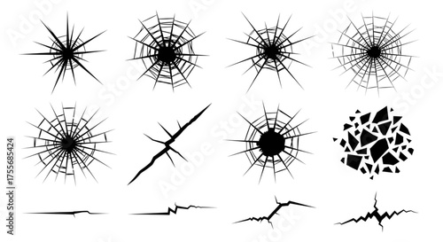 A collection of black and white cracked glass and surface fracture effects for damage textures.
