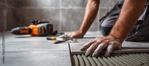 Worker Installing Floor Tiles with Adhesive