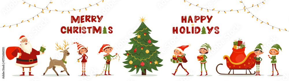 Naklejka premium Vector cartoon Christmas set. Santa with sleigh full of gifts, reindeer and cheerful elves. Cute winter holiday characters decorate Christmas tree, run, smile. Collection for card, banner, sticker
