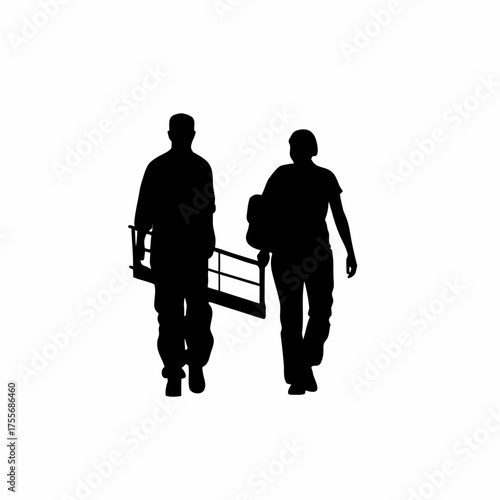 Silhouette of two rehab workers moving equipment to new room isolated on white background