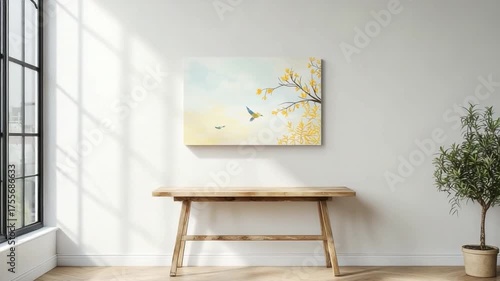 Bright and Airy Room with Artwork on Wall, Natural Light, Wooden Table, and Potted Plant in Cozy Space 4k video footage
