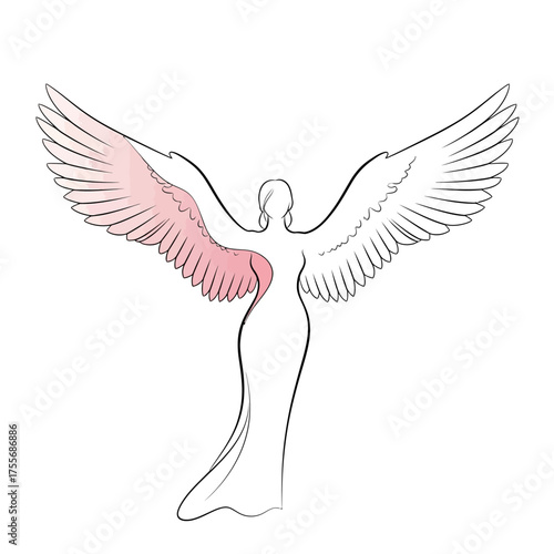 An angel with wings spread, symbolizing hope, freedom, and spirituality, isolated on white background