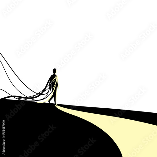 A lone figure walks towards a bright path, leaving behind a trail of darkness and uncertainty, symbolizing hope, transition, and the courage to face the unknown