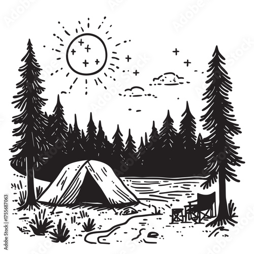 vector illustration of a flat line art style of camping experiences for personal growth