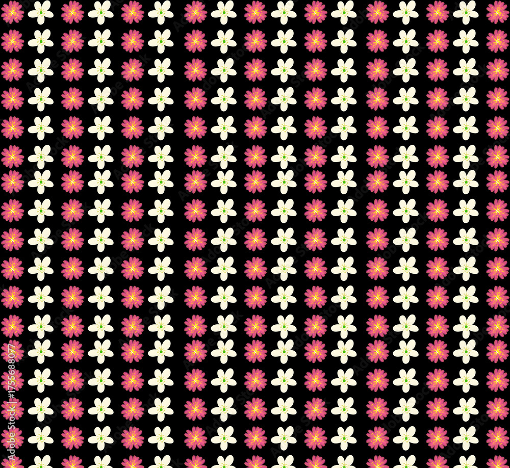 Fototapeta premium Charming repeating pattern of minimalist pink and white flowers arranged in a neat grid on a dark background, a simple floral design (pattern 65)