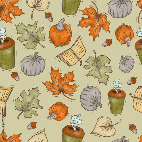Autumn warm clothes cozy fall leaves mushrooms pumpkin pie hand drawn watercolor illustration