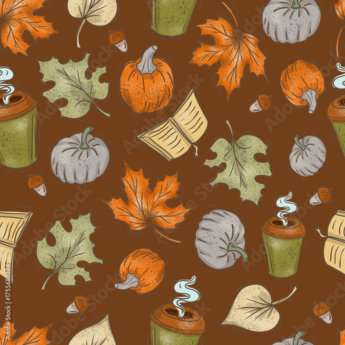 Autumn warm clothes cozy fall leaves mushrooms pumpkin pie hand drawn watercolor illustration