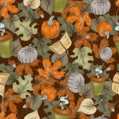 Autumn warm clothes cozy fall leaves mushrooms pumpkin pie hand drawn watercolor illustration