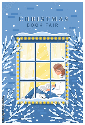 Cozy winter illustration for Christmas book fair, bookstore, library, sale in bookshop. Woman reading book and sitting at the winter window.