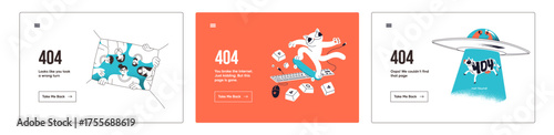 Set of creative designs of error 404. Funny templates not found web pages. Webpages with mistakes of missing address, internet problems. Comic layout of unavailable site. Flat vector illustrations