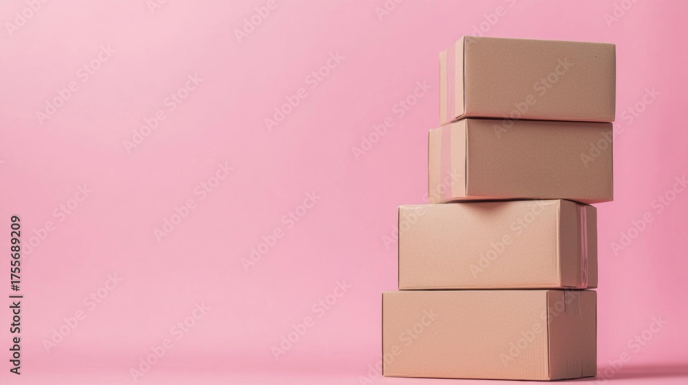 Obraz premium Stacked pink and beige gift boxes on pastel background luxury packaging concept