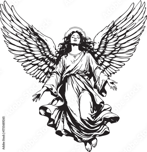 Black and white vector illustration of angelic figure with halo, wide wings, and flowing robe in ascension