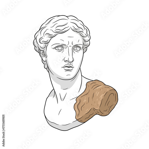 Illustration of a classical bust isolated on white background the sculpture depicts a man with short, wavy hair and a serious expression, rendered in a clean, modern style