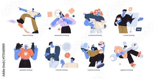 Different mental mindsets set. People with various psychological and thinking types: associative, critical, intuitive, creative. MBTI personality concept. Flat isolated vector illustrations on white