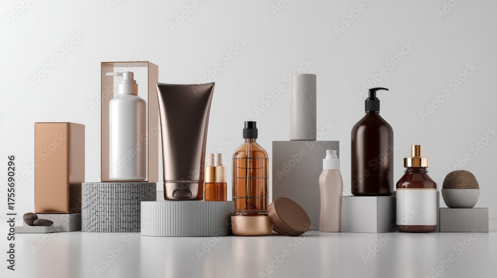 Fototapeta premium Cosmetic bottles arranged on gray surface beauty skincare product packaging branding design concept