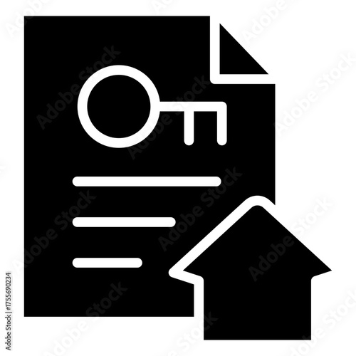 Property Document Glyph Black Silhouette Icon Design Vector - Paper document with a small house, representing property ownership, agreement, or housing contract