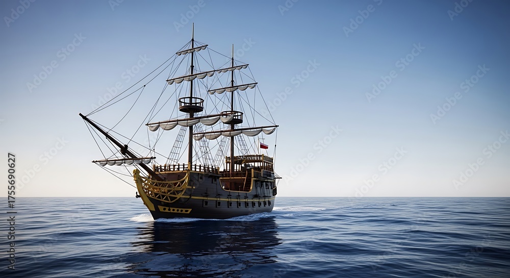 Obraz premium Majestic Galleon Sailing on the Open Sea Under a Clear Blue Sky.