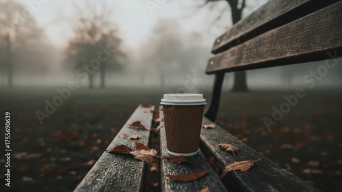 A cup of coffee on a park bench on a foggy autumn morning. A steaming paper cup of coffee on a wooden park bench surrounded by autumn leaves, in the atmosphere of a foggy morning. The foggy background