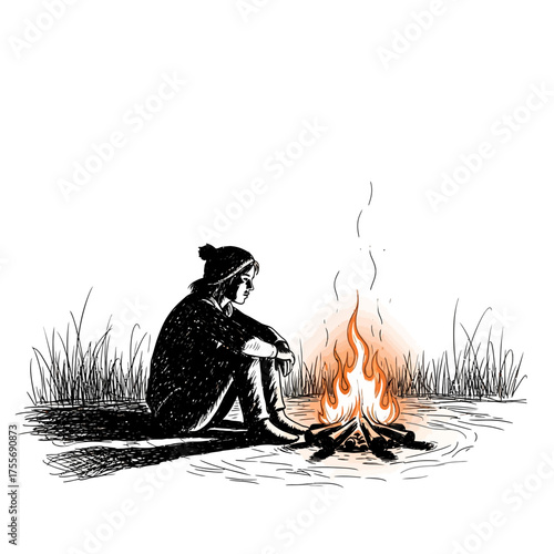 Illustration of a person sitting by a campfire isolated on white background, rendered in a vintage style with fine lines and stippling for texture and depth