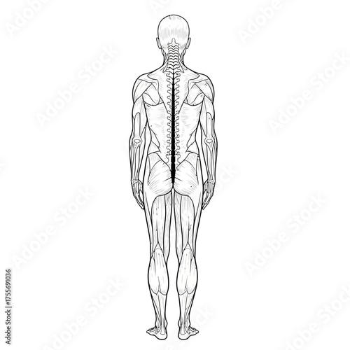 Anatomical illustration of the human bodys musculature system from a posterior view isolated on white background, showcasing the intricate network of muscles