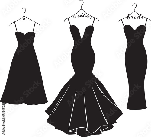 Three black dresses on hangers with bridal and wedding styles, black and white vector illustration