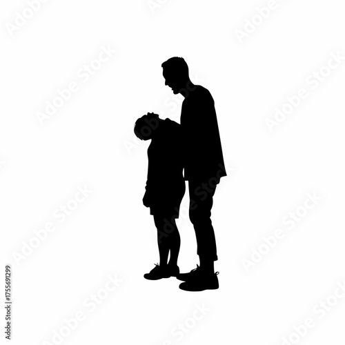 Counselor supporting patient during anxiety episode silhouette isolated on white background