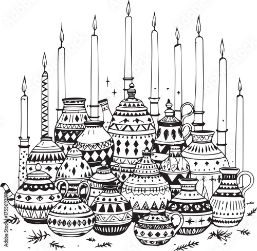 Detailed Ethnic Patterned Vases and Teapots with Burning Candles Vector Line Art Still Life