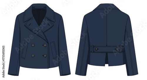Illustration of a stylish navy blue double-breasted pea coat with a rear belt detail shown from front and back perspectives