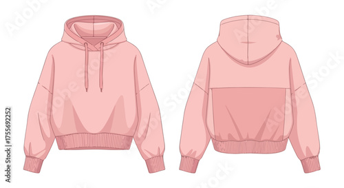Stylish pink hooded sweatshirt design illustration with front and back views for fashion design and clothing template purpose
