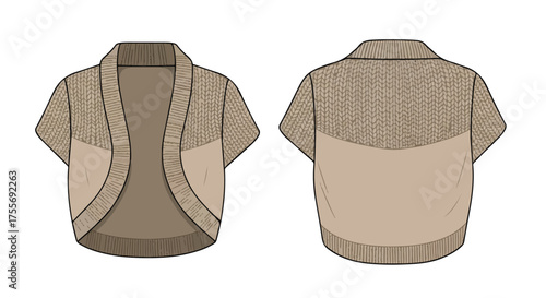 Technical fashion sketch illustrating a stylish bolero cardigan with open front and short sleeves