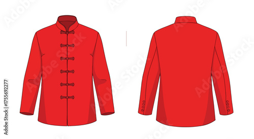 Vector illustration showcasing the front and back design of a vibrant red chinese jacket featuring a stand-up collar and frog closures