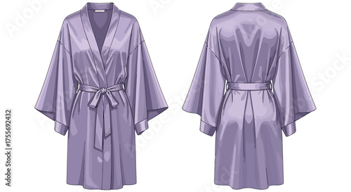 Vector illustration showcasing a lavender satin robe, depicted from both the front and back, designed for fashion or design projects emphasizing