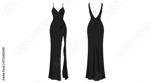 Elegant black gown with a slit and low back, ideal for evening wear or a glamorous event presentation