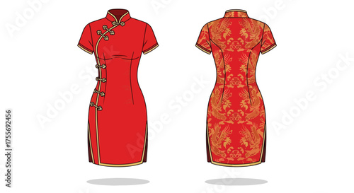 Elegant vector illustration showcasing the front and back design of a stylish red chinese dress, adorned with decorative patterns and a modern