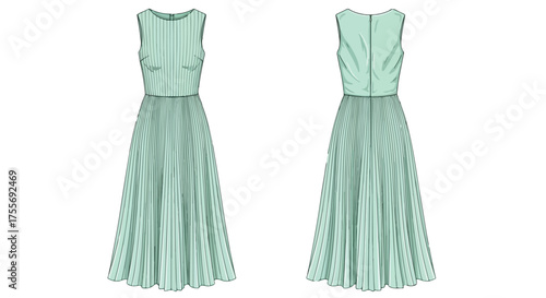 Pleated mint green dress technical drawing showcasing front and back views fashion design illustration garment industry standard