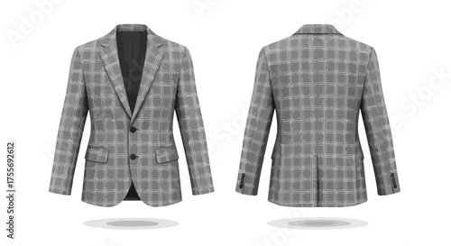 Sophisticated gray plaid blazer front and back view against a crisp white backdrop for professional styling visual