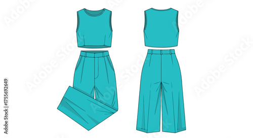 Conceptual design illustration showcasing a vibrant turquoise two-piece outfit on a neutral backdrop highlighting the fabric flow and contemporary