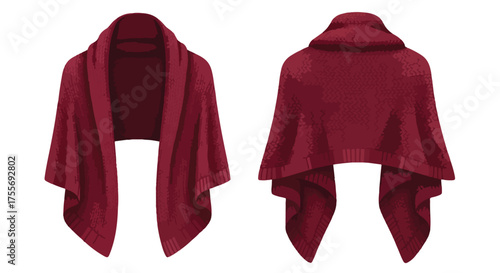 Elegant burgundy knit shawl illustration displaying front and back showcasing fabric texture and design details against a white backdrop providing