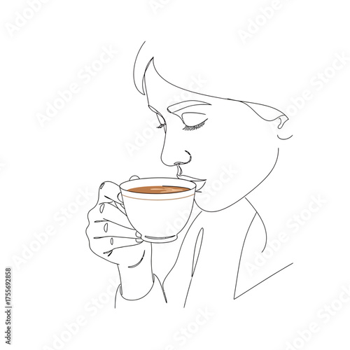 A woman sips coffee gracefully, isolated on white background, capturing a moment of quiet contemplation and the simple pleasure of enjoying a warm beverage