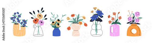 Different modern vases with flowers set. Glass and ceramic pots with bouquets. Jugs with geometric shapes for posies, branches of bloom plants. Flat isolated vector illustrations on white background