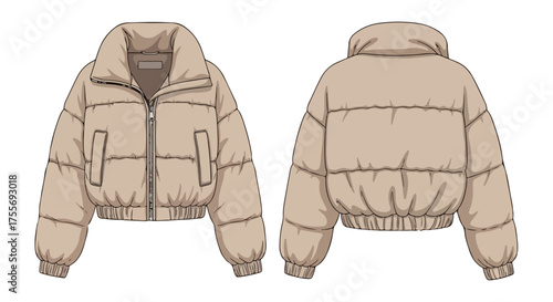 Front and Back View of a Quilted Down Jacket Fashion Technical Drawing for Design Development and Apparel Production Use