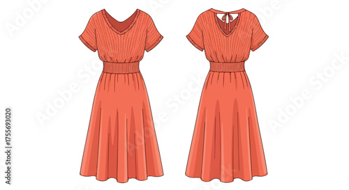 Coral midi dress technical drawing front and back view showcases design and construction, suitable for fashion designers and apparel manufacturing