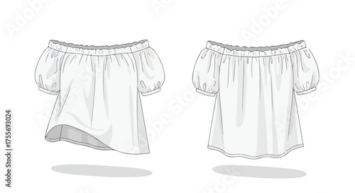 Off-the-shoulder blouse design with gathered neckline, a visual representation of fashion sketch for clothing, front and back views displayed with