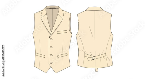 Sophisticated Waistcoat Design: Front and Back Technical Flat Illustration with Adjustment Strap Depiction