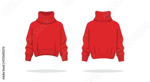 Fashionable knitwear garment of elegant red sweater with high neck and front back design representation of warm clothing apparel and style trend